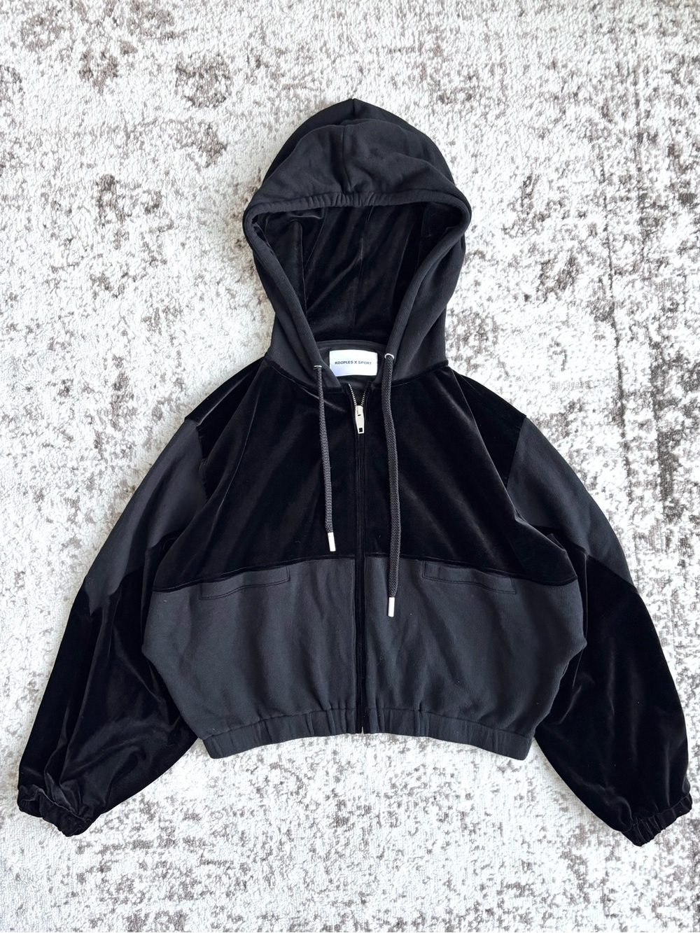 The Kooples x Sport Archival Cropped Velour/Velvet Zip Black Hoodie